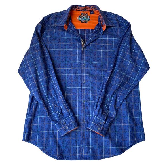Robert Graham Windowpane Plaid Flip Cuffs Shirt Men XLT Blue Floral Button Up - Picture 2 of 11